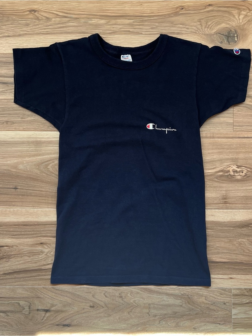 Vintage Champion Script Logo Large Navy Blue Girls T Shirt